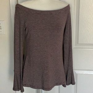 Dahlia Long Sleeve Off Shoulder Stretch Striped Top with Bell Sleeves NWT